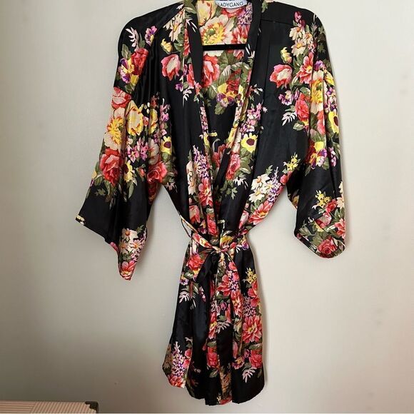 Ladygang Robe Floral Print Black Sleepwear Casual Neutral Adjustable one size - Picture 6 of 11